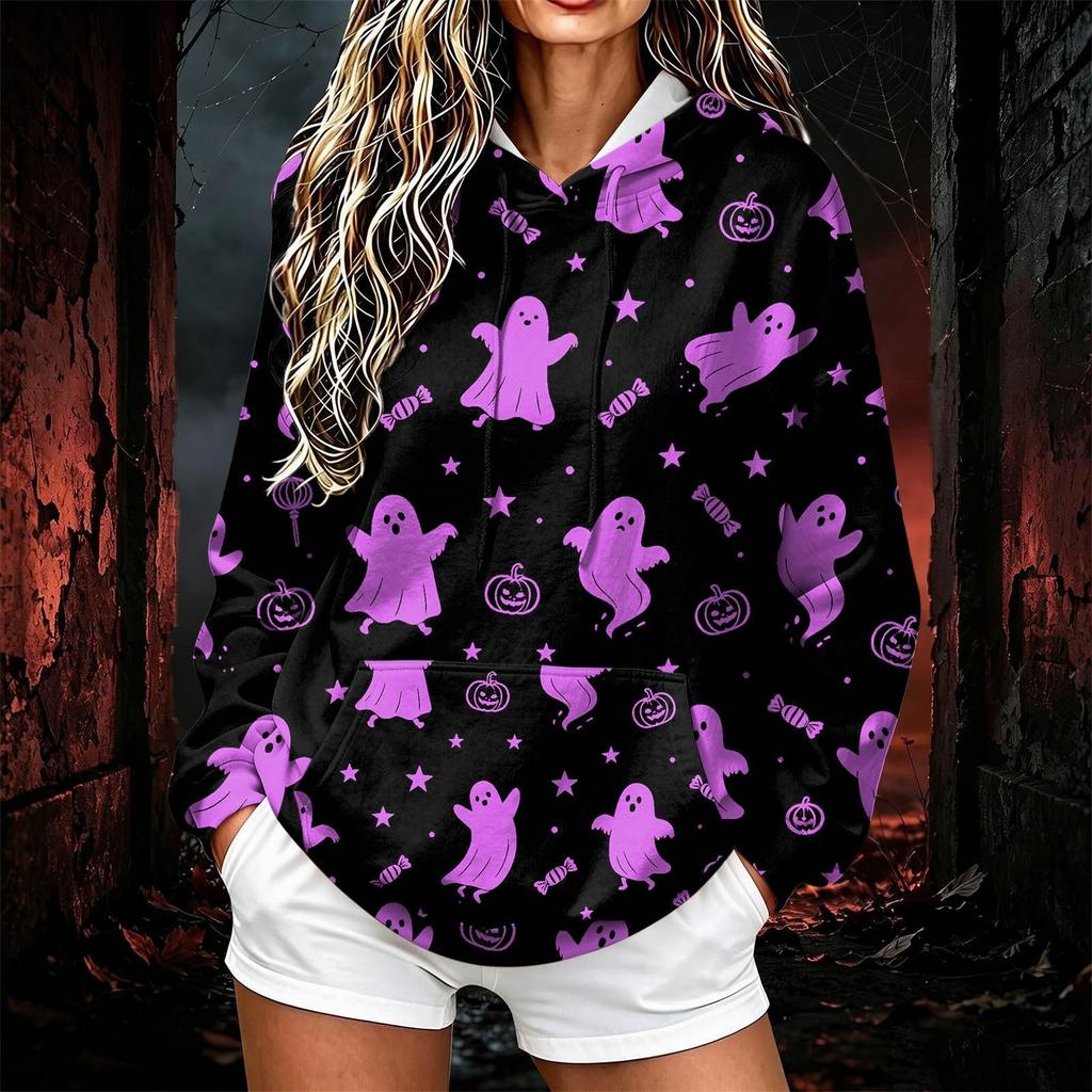 Women's Halloween Print Hoodie Pullover for Casual Everyday Wear
