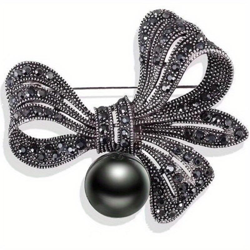 Rhinestone Black Flower Bow Tie Brooches For Women Vintage Elegant Large Brooch Pin Winter Coat Sweater Broches High Quality