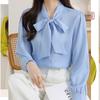 Women Chiffon Blouse Long Sleeve V‑Neck Bow Ribbon Shirt Elegant Fashion Office Lady Spring Tops