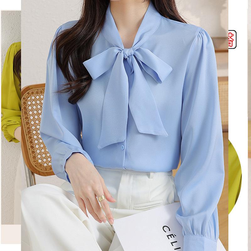 Women Chiffon Blouse Long Sleeve V‑Neck Bow Ribbon Shirt Elegant Fashion Office Lady Spring Tops