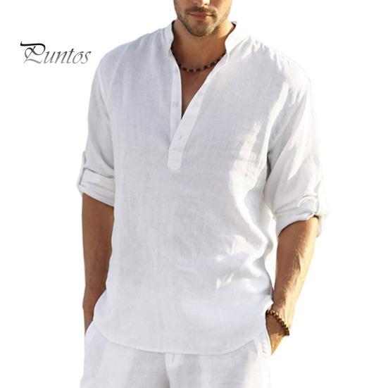 

Мужская рубашка с воротником-стойкой, длинным рукавом и запонками, однотонный свободный топ для повседневной носки на пляже, пуловер средней длины, на пуговицах L белый