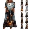 Damen Casual Halloween-Print Rundhalskleid mit Taschen