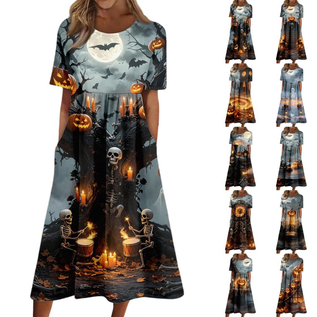 Damen Casual Halloween-Print Rundhalskleid mit Taschen