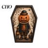 Scary Fireplace Mantel Decorations Halloween Coffin-Shape Wooden Sign Decor, Pumpkin Skeleton Ghost Owl Retro Punk Style Interior Decor Patterns,