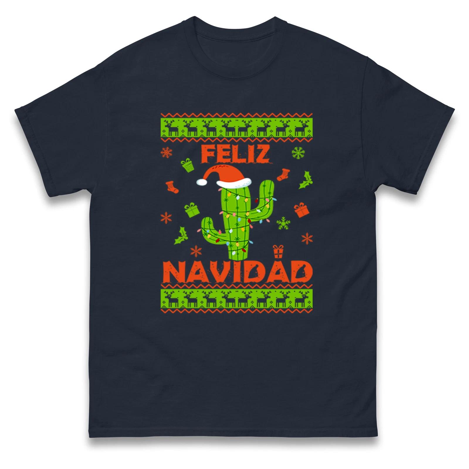 Feliz Navidad Reindeer Christmas T Shirt,Santa Cactus Funny Christmas Tee S