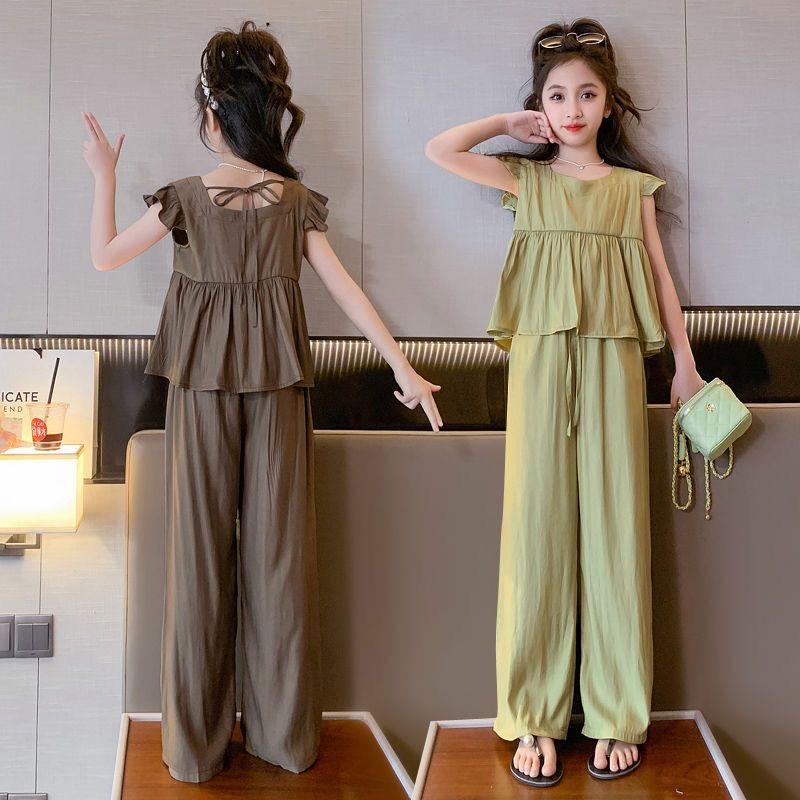 Set di abbigliamento estivo per ragazze adolescenti Top da principessa alla moda per bambini + pantaloni a gamba larga 2 pezzi Completi tuta per bambini