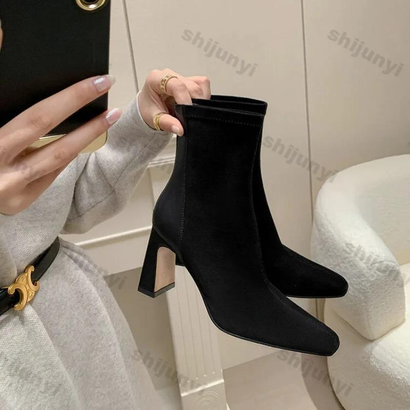 Faux Suede Chunky Heel Ankle Boots for Women Fashion Slip on Pointed Back Zipper Boots Women Square Heeled Socks Short Booties
