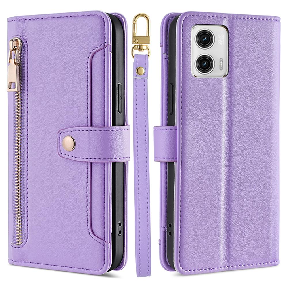 

Чехол-подставка для телефона с карманом на молнии, слотами для карт и кожаной обложкой со шнурками для Motorola Moto G73 5G Purple