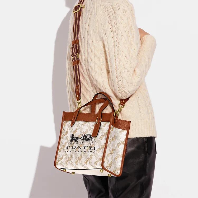 Coach Field Coated Canvas Leather Handbag Small Women's Brown White Multicolor (Unisex) Handbags C8456 B4TXF
