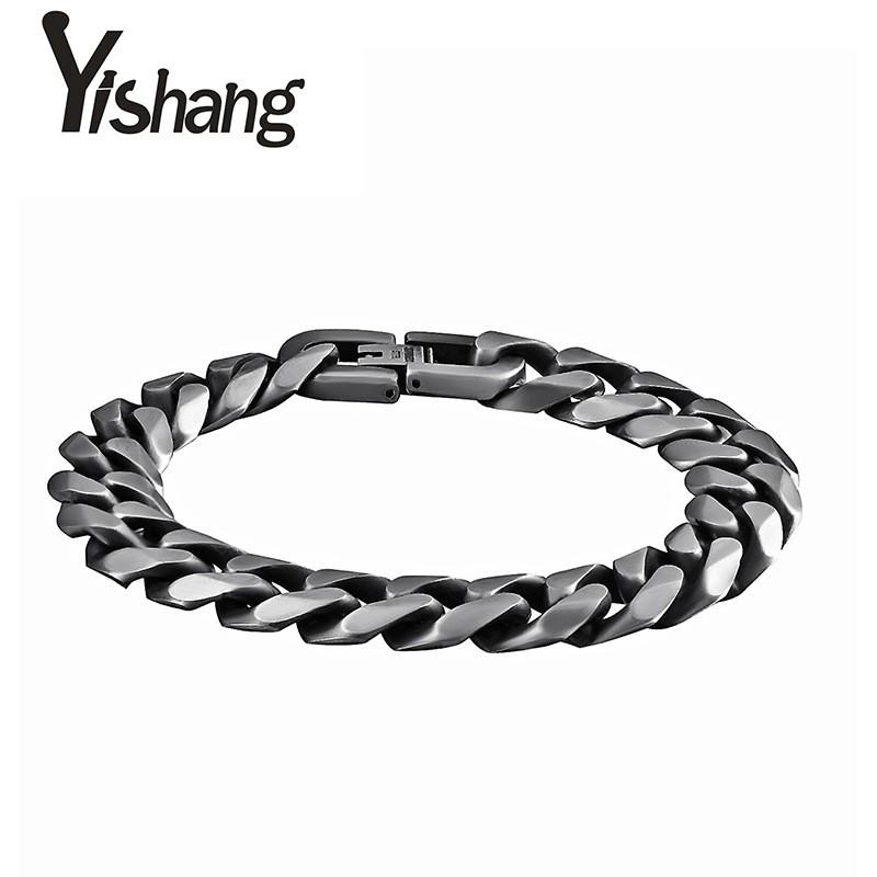 Stainless Steel Mens Bracelet Vintage Geometric Design Titanium Coated Single Weave 10mm Width 21cm Length