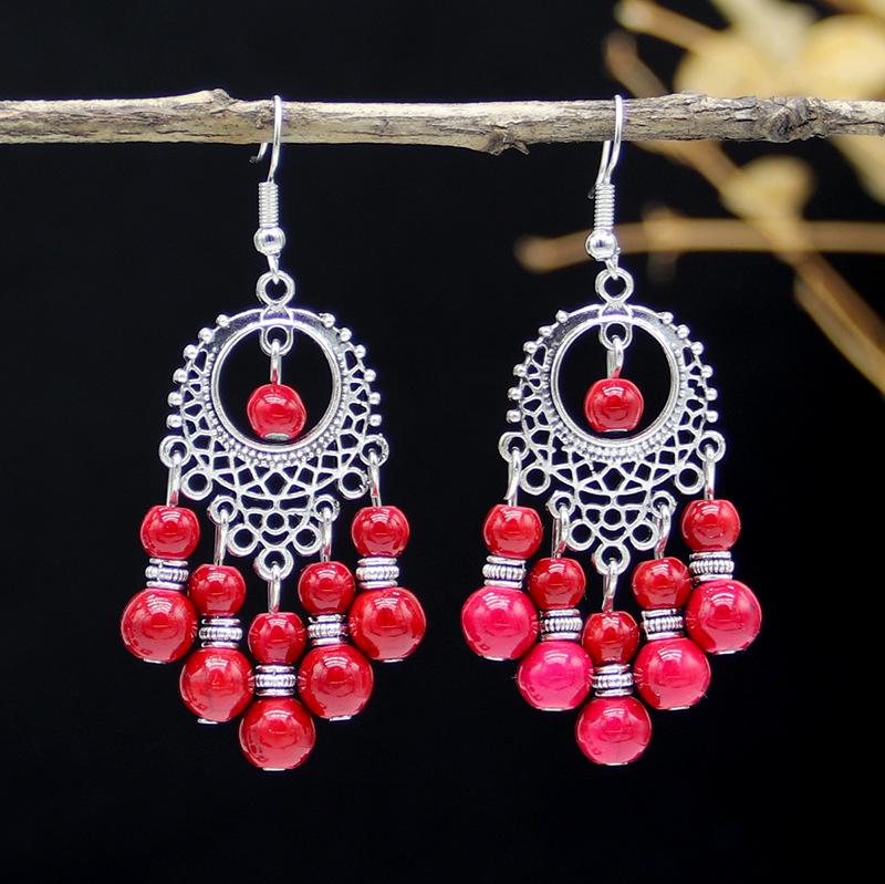 Bohemian Turquoise Fringed Earrings Women'S Versatile Retro Yunnan Ethnic Exotic Style Fashion Earrings Jewelry