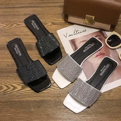 Rhinestone Flat-bottomed Slippers Women's One-character One-pedal Solid Color Fashion Beach Cool Slippers Women's Shoes Wholesale