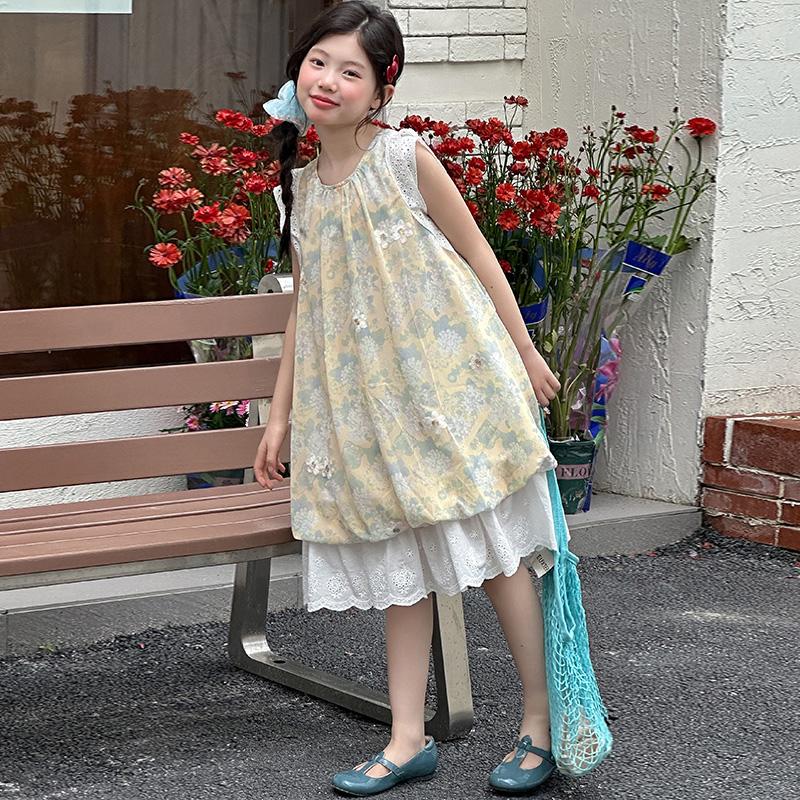 Girls' 2026 new sweet and cute sleeveless floral dress, summer lace patchwork mesh skirt, stylish long skirt