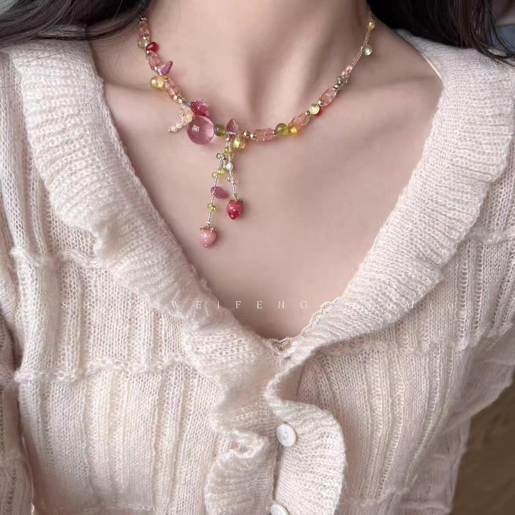 Sweet Girl Cute Candy Color Flower Strawberry Beaded Necklace Female Niche Design Seaside Vacation Collarbone Chain