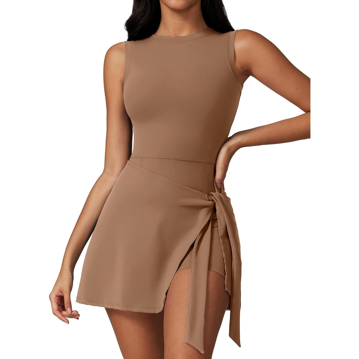 

CHARMLEAKS Теннисное платье Наряды для гольфа для женщин Без рукавов Разрез сбоку Активное платье Комбинезон для тренировок Платья S коричневый