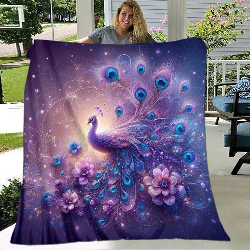 1pc Peacock Printing Lightweight Flannel Blanket, Comfortable and Warm Blanket, for Camping Sofa Bed and Couch Office, Suitable for Gift Blan
