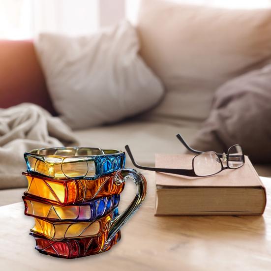 3D Painted Book Mug Hand-Painted Stacking Book Coffee Cup Unique Teacher Appreciation Gift for Book Lovers