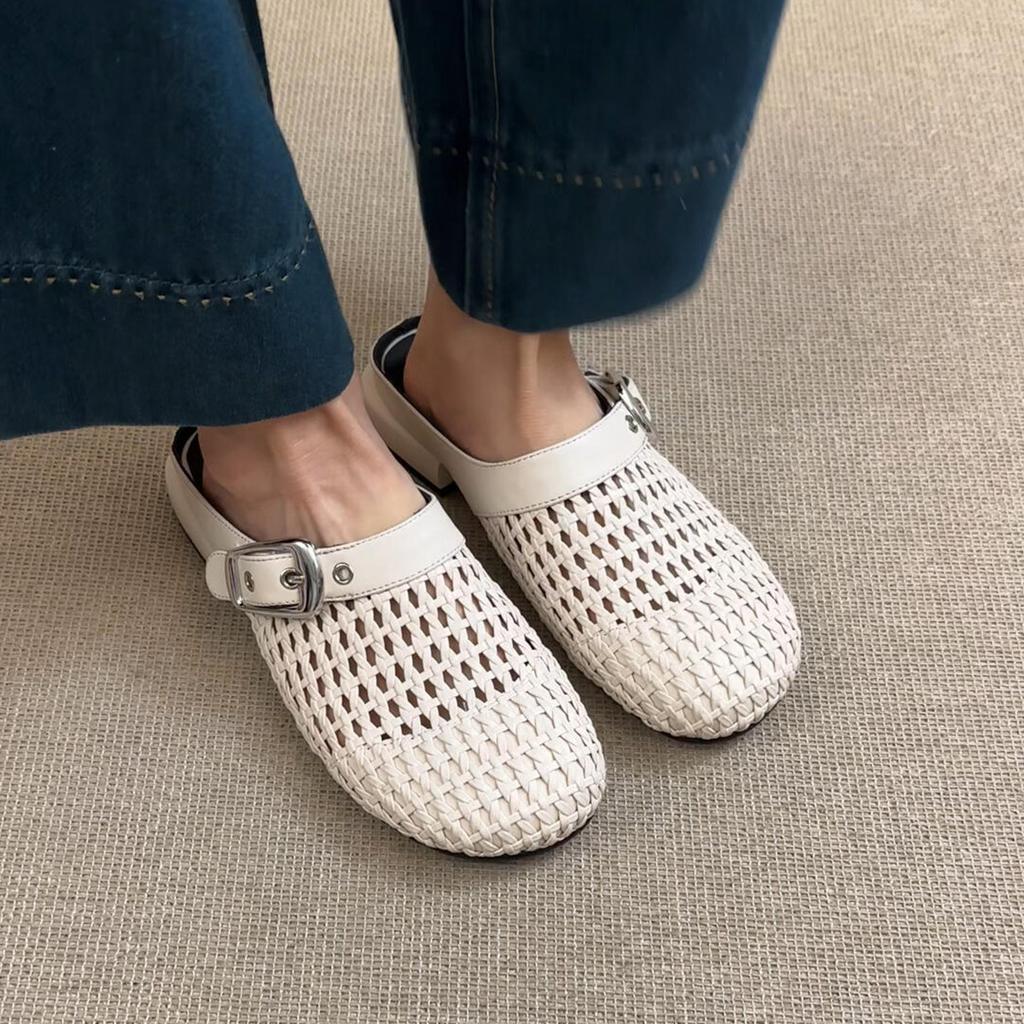 Sheepskin Version~ Women's One-pedal Belt Buckle Half Slippers Versatile Thick Heel Round Head Woven Bag Head Shoes