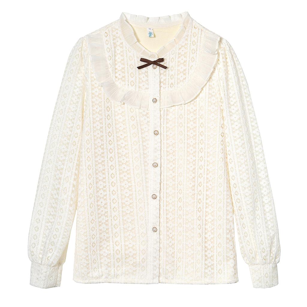 Fashion New 2024 Winter Long Sleeve Ruffled Collar Ruffles Slim Apricot Velvet Lace Blouse Shirt Women Tops Blouses Shirts J810