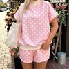 Women's Contrast Collar Two Piece Short Set Short Sleeve Polka Dot Print Loose Casual Tracksuit