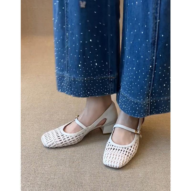 Retro hollow knitting word with Mary Jane shoes women's single shoes temperament thick heel bag head sandals