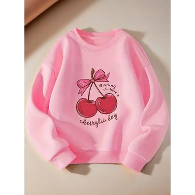 European Sizes Children's Long-Sleeve Crewneck Sweatshirt, Girls' Red Cherry Print Casual Sportswear for Outdoor Wear