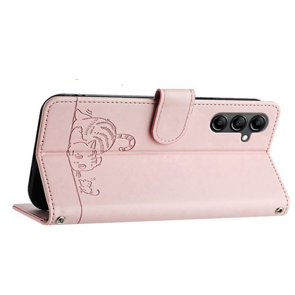 Etui na Samsung Galaxy A15 4G/5G ze smyczą, blokujące RFID, skórzany portfel, pokrowiec na telefon, wzór kota i myszy