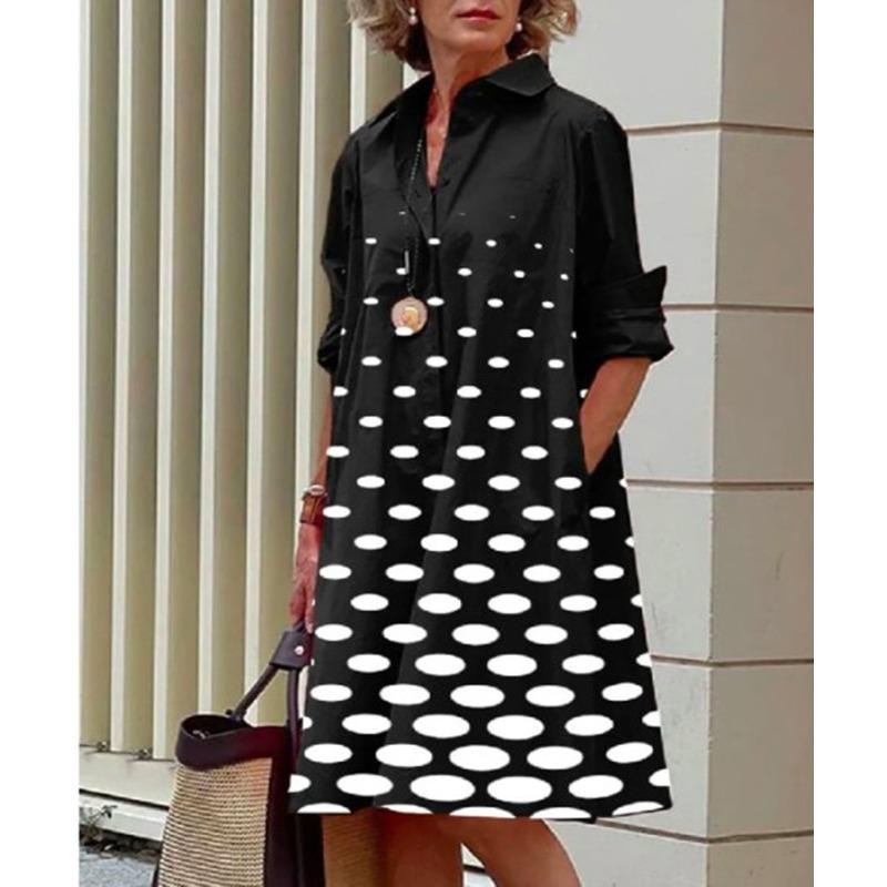 Novos produtos de outono, camisa com gola estampada de bolinhas de temperamento fashion, manga comprida, vestido médio e longo