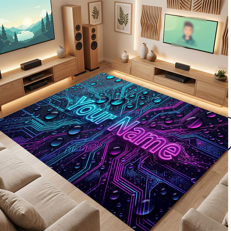 City Cyberpunk Theme Crystal Velvet Floor Rug Personalized Custom Name Text Warm Carpet Home Decoration