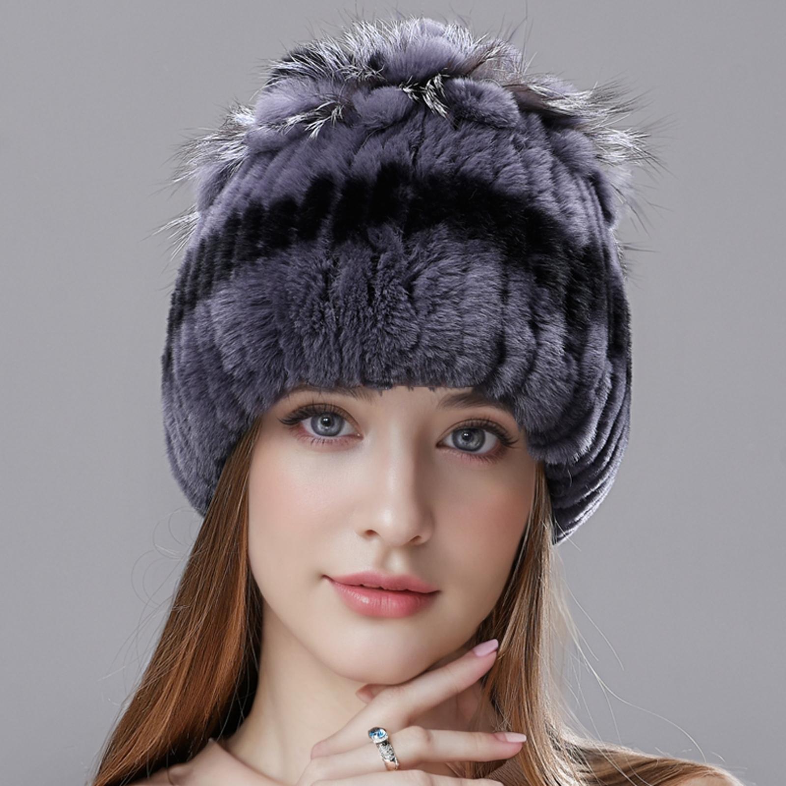 

Теплые шапки для женщин, зимняя шапка из настоящего кролика Рекс, вязаная лиса, женские теплые зимние шапки, элегантные шапки для принцесс 56-59cm темно серый/чёрный