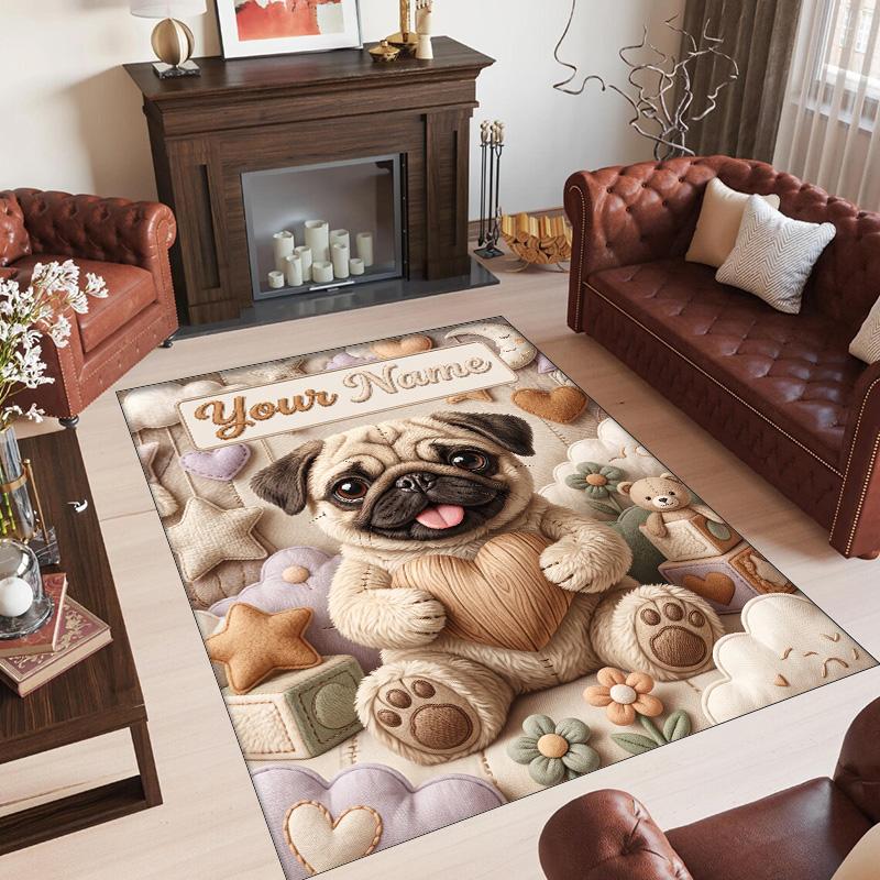 Pug Theme Crystal Velvet Floor Rug Personalized Custom Name Text Warm Carpet Home Decoration