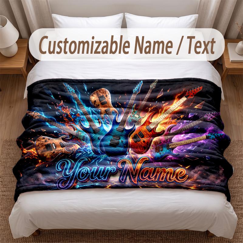 Music Guitar Theme Soft Blanket Personalized Custom Name Text Print Warm Blanket Home Sofa Bedroom Decor