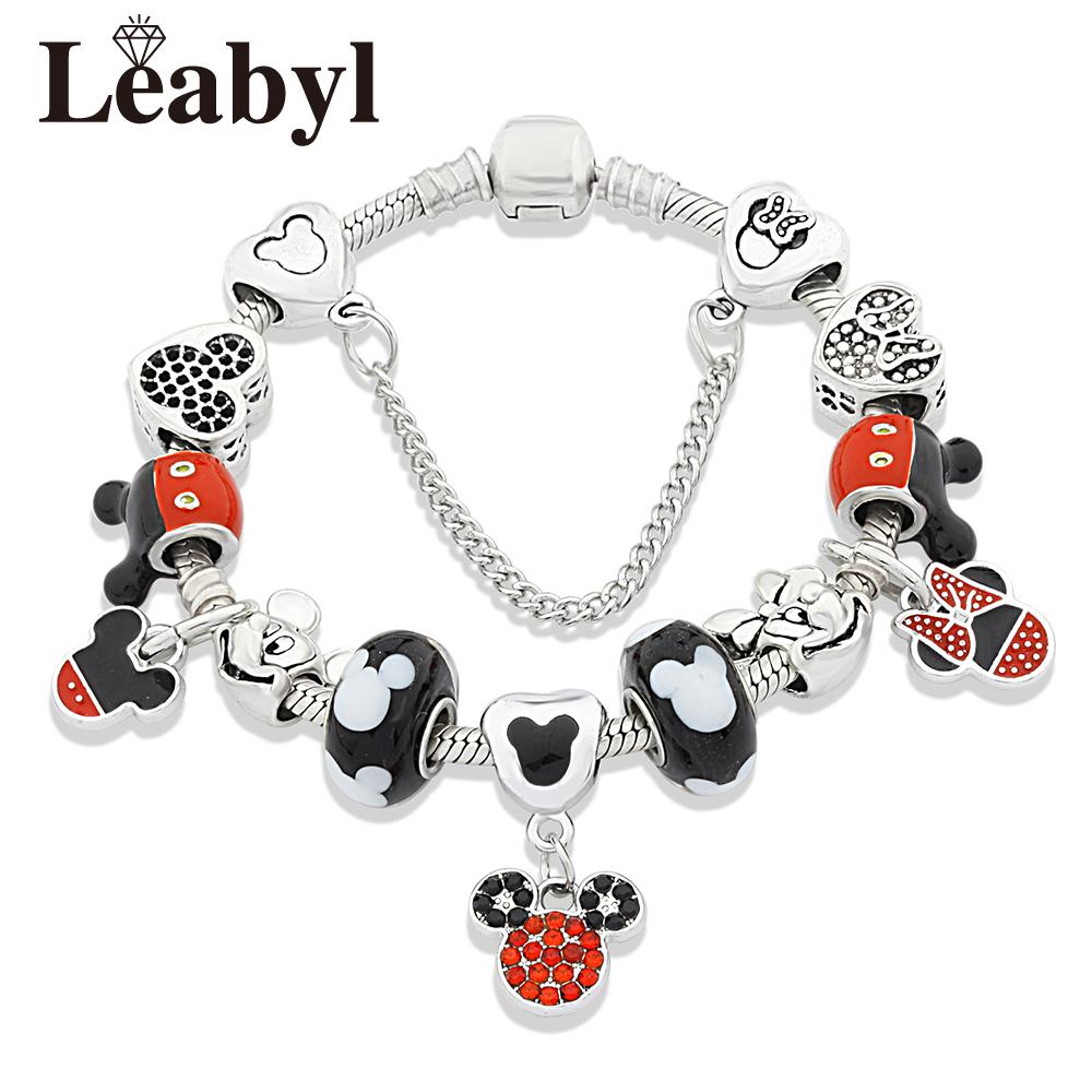 Casual Antique Silver Castle Heart Minnie Charm Bracelet Pink Crystal Women s Girl s Cartoon Bead Bracelets 17cm (6.7 inch)