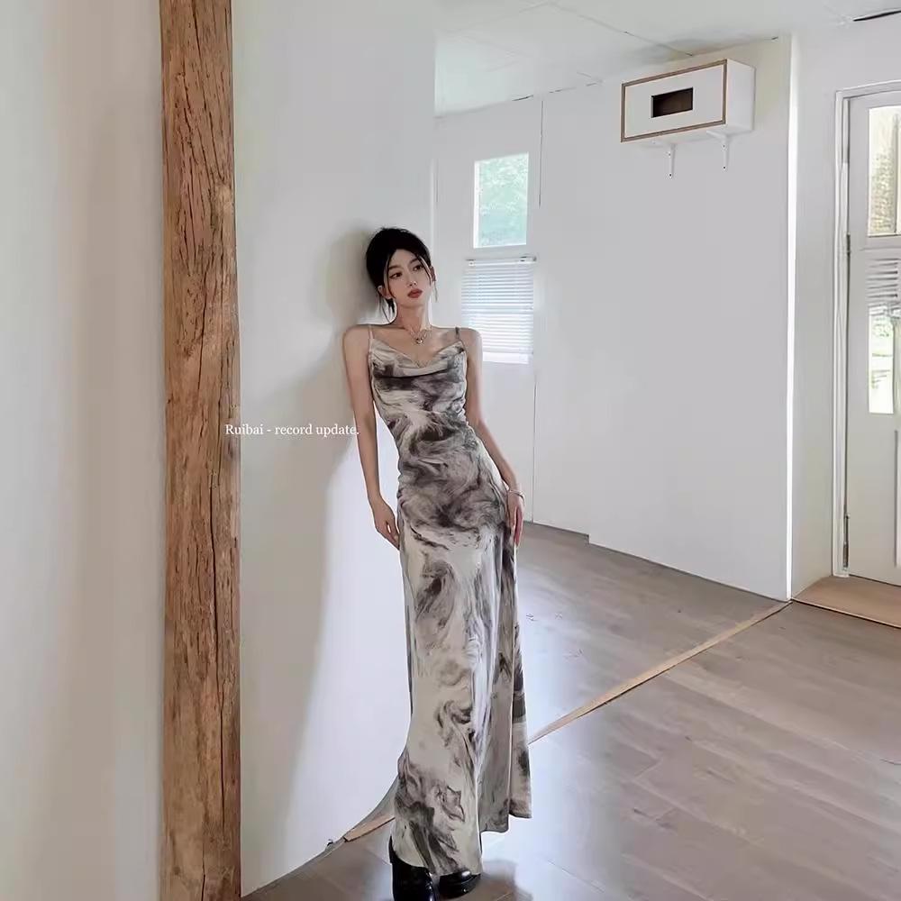 Adjustable Spaghetti Strap Ink Painting Bodycon Fishtail Dress - Chinese Style