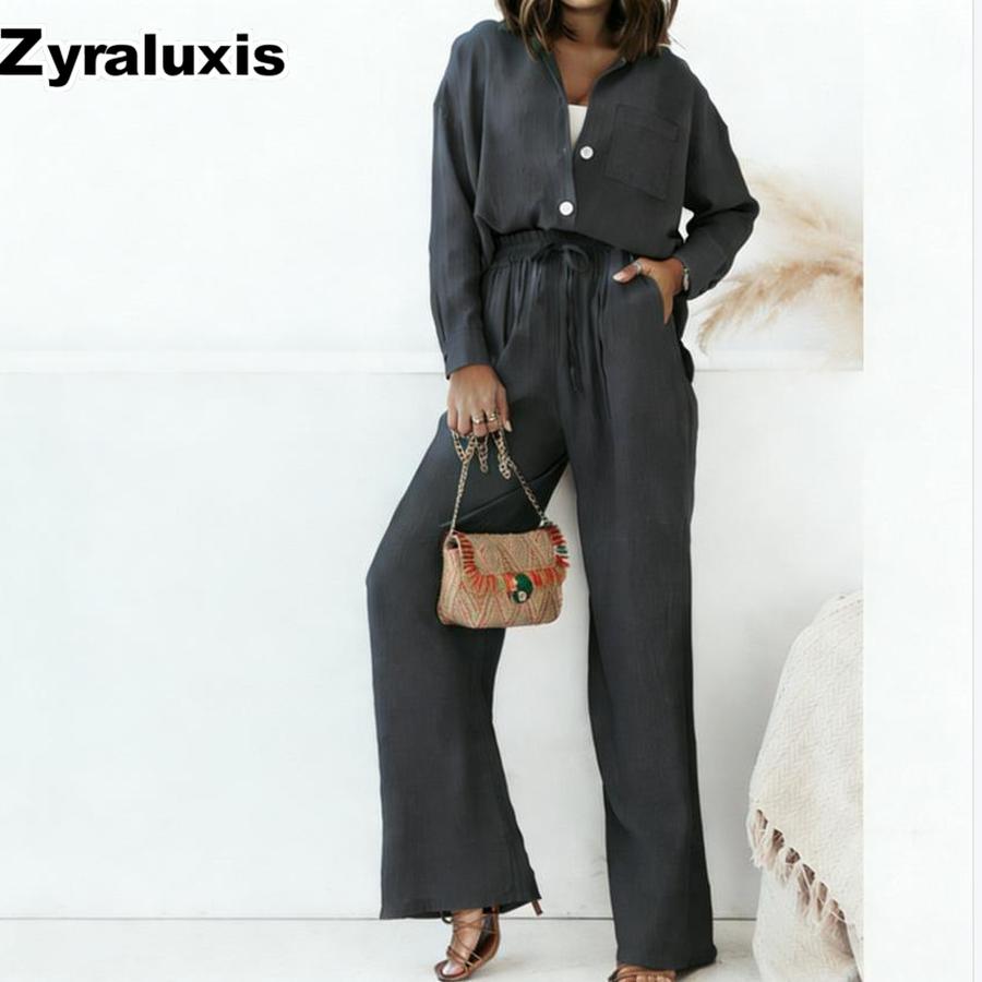 Loose Fashion Long Sleeve Shirt Wide Leg Pants Casual Pure Color Women's Set Old Money Style