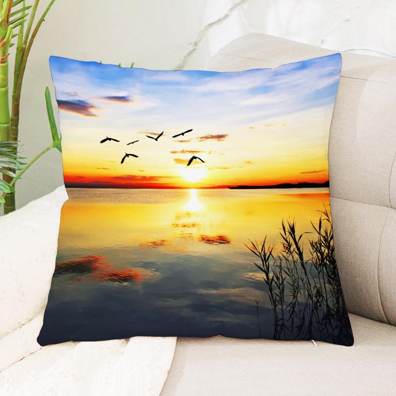 Seagull Beach Sunset Scenery Print Pattern Cushion Cover Home Living Room Sofa Decoration Waist Cushion Pillow Pillow Cover