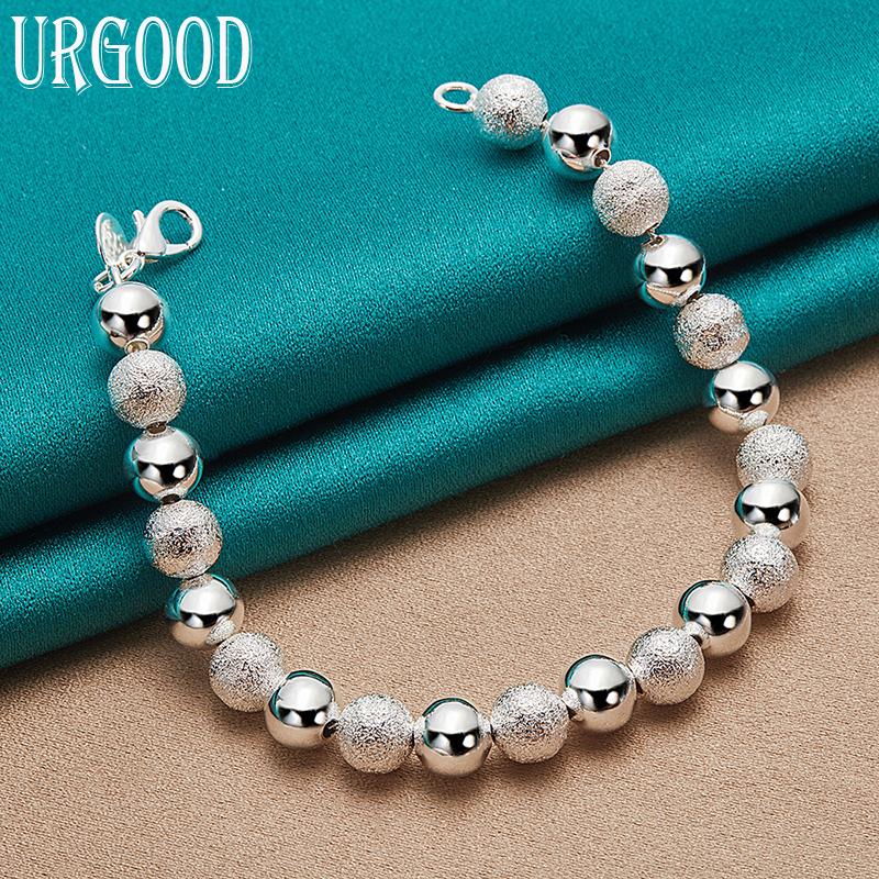 925 Sterling Silver 8mm Frosted Beaded Chain Bracelet Romantic Jewelry