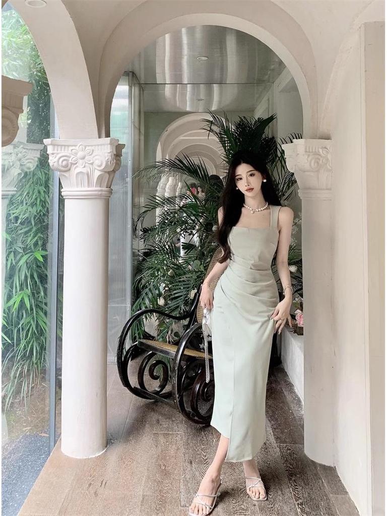 Elegant Satin Square Neck Pleated Camisole Bodycon Dress - Women's Slim Fit Long Summer Dress, New Arrival.