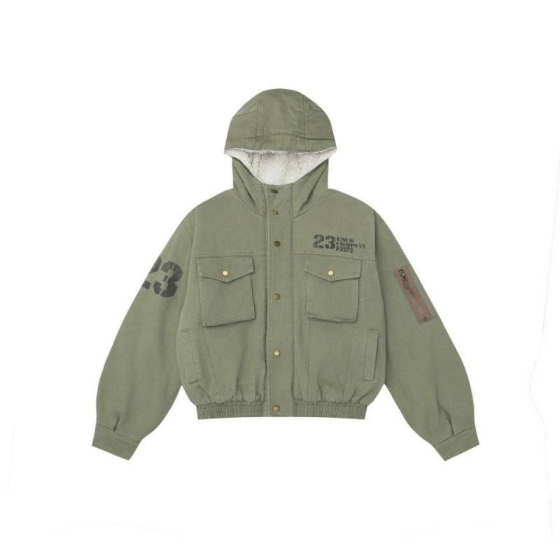Mens Winter Hooded Cargo Cotton Coat Multi-Pocket Fleece Lined Loose Print Warm Streetwear Jacket