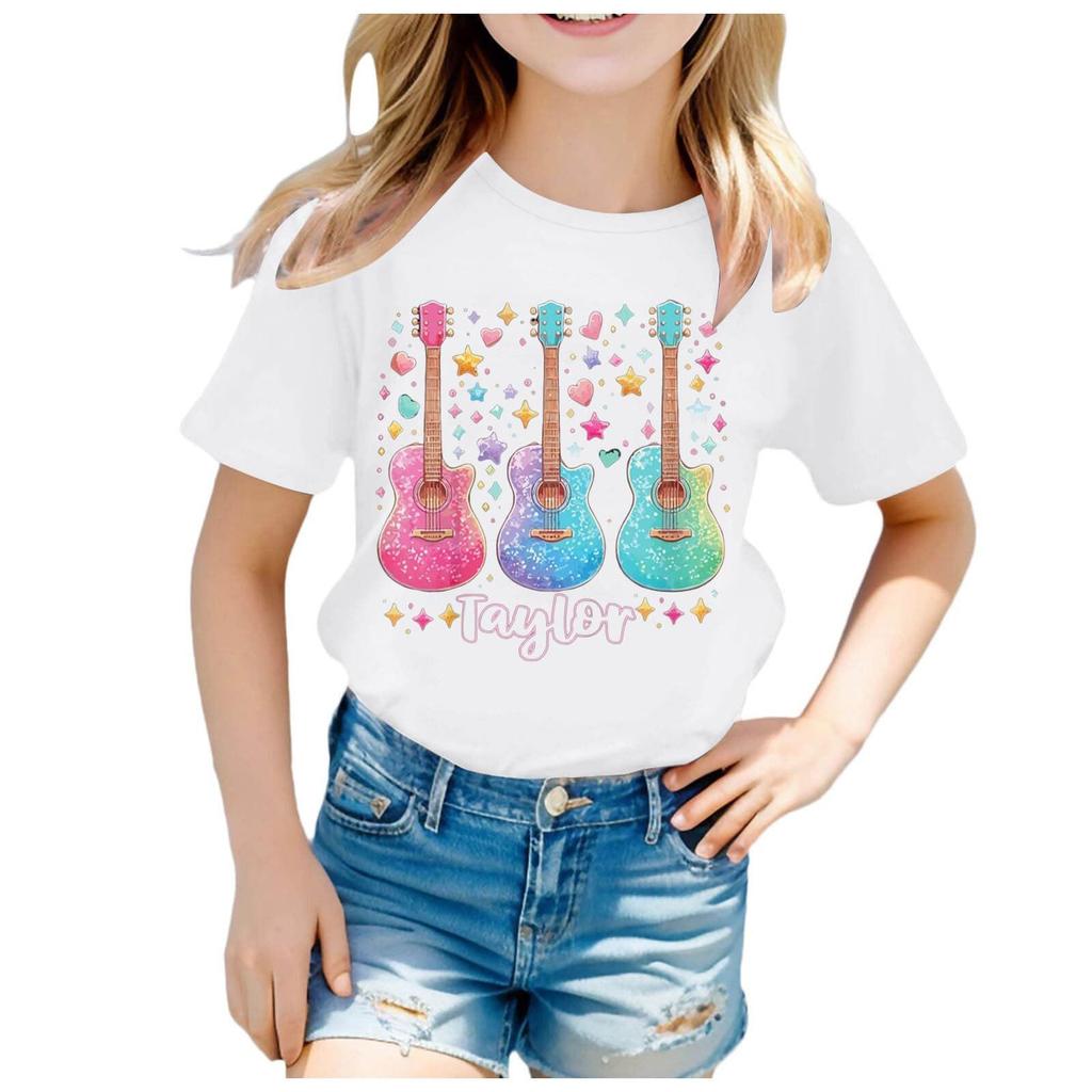 Summer Round Neck 3D Guitar Printed Top Fashionable Casual Short Sleeved Children's Girl T-shirts