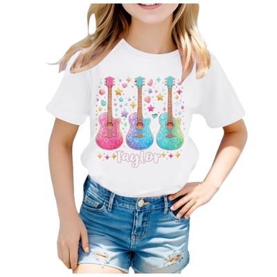 Sommar Rundhals 3D Gitarrtryckt Topp Trendiga Casual Kortärmade Barnflickors T-shirts