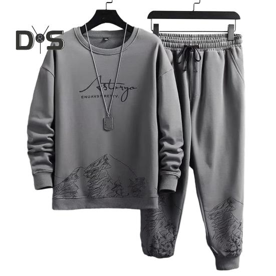 

2 шт./комплект мужской осенне-зимний повседневный спортивный костюм с принтом в виде гор, свитшот с длинным рукавом и эластичным поясом, комплект брюк для бега на шнурке 2XL серый