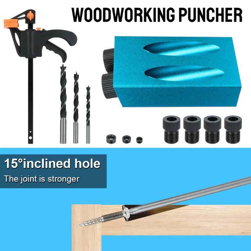 7/14/15Pcs 15 Degrees Pocket Hole Jig Kit Woodworking Hole Drilling Guide Locator Hole Puncher With Drill Bit Set