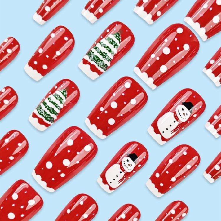 Festive Christmas Themed Red Fake Nail Short Square Press On Nail Christmas Snowflakes Short SquareDesign Manicure Kit