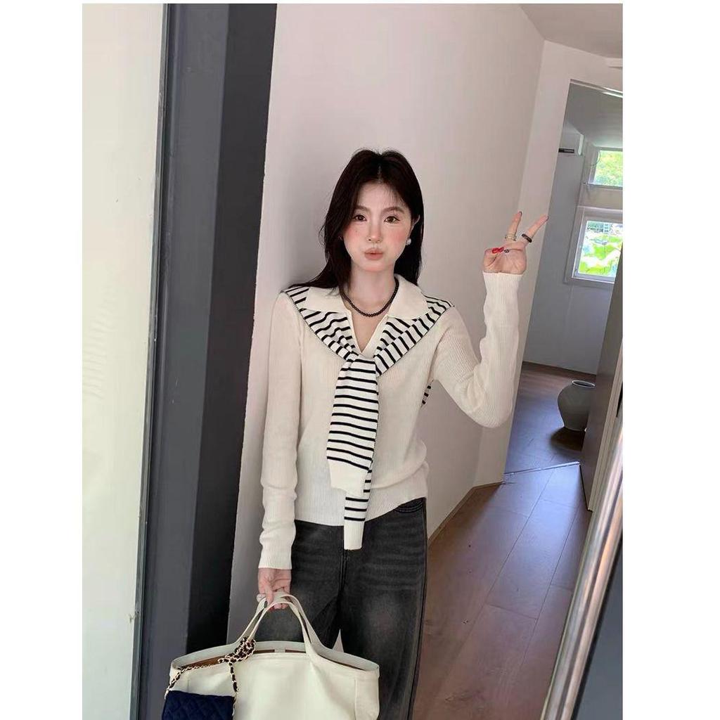 Women's Grey Striped Slim-Fit Long Sleeve Sweater, Autumn 2025 Collection