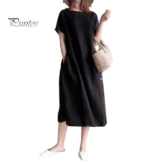 Summer Women Dress O Neck Short Sleeves A-line Solid Color Big Hem Loose Pullover Casual Daily Wear Midi Dress Dating Commuting Long Dress