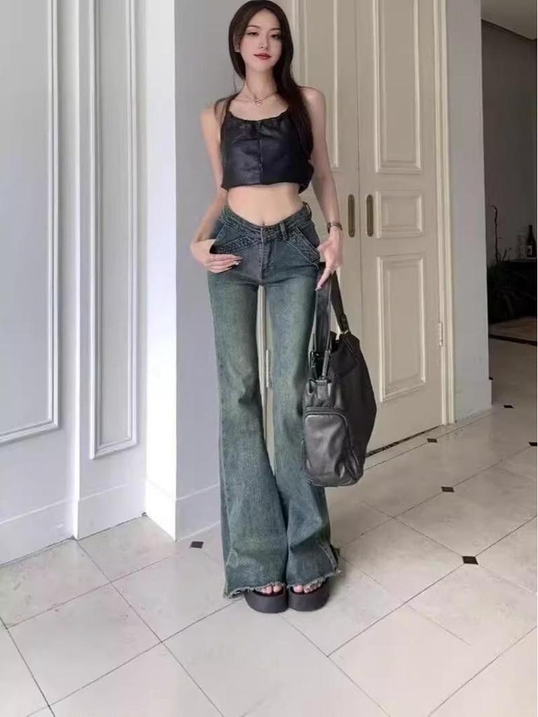 Distressed Vintage Low-Rise Micro-Flare Women's Jeans, Summer American Style, Raw Hem, Slimming Fit