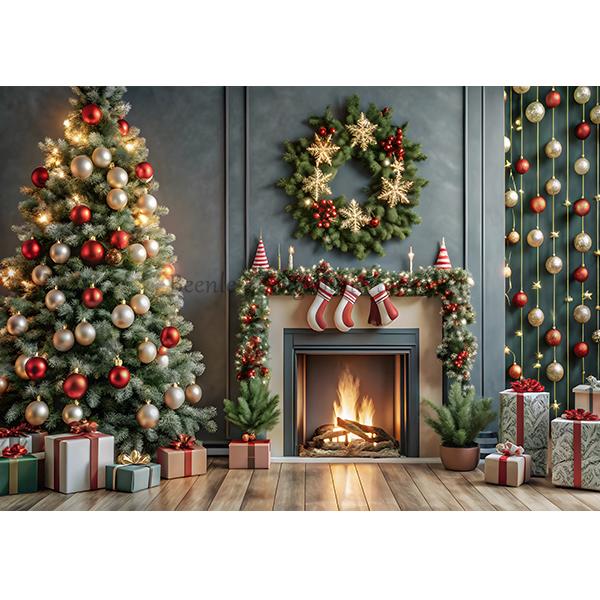 Beenle Christmas Photography Backdrop Xmas Tree Fireplace Gifts Family Party Decor Kids Portrait Background Decor Photo Studio