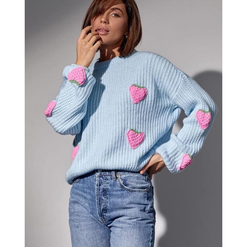 Pulover de damă de toamnă și iarnă, lejer și dulce, cu aplicație tridimensională de căpșuni, cu ac gros