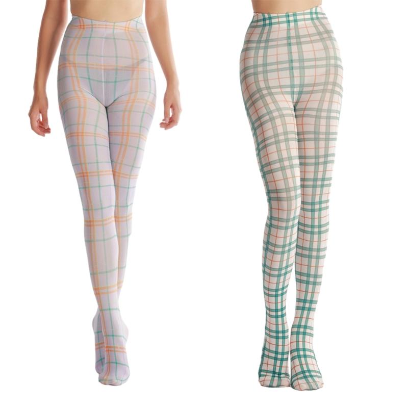 Women Sexy Tights Socks Translucent High Waist Pantyhose Plaids Print Silk Stockings Colourful Plaids Printing Stockings